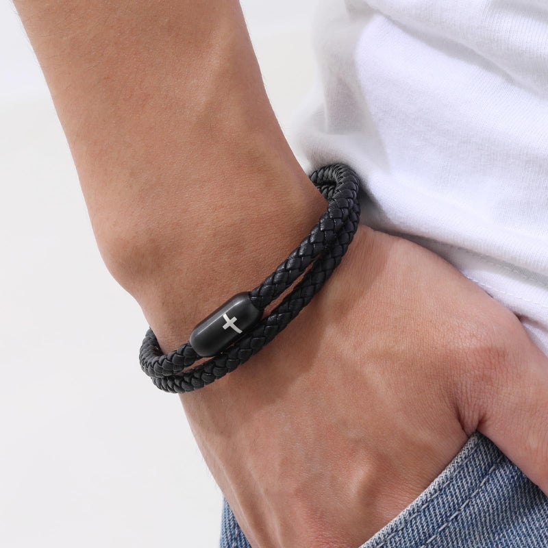 MEALGUET Men's Cross Bracelets Black Genuine Braided Double Wrap Jesus Cross Braided Leather Bracelets with Stainless Steel Clasp for Men Boyfriend,Christian Jewelry Gifts,7.6" - Image 5
